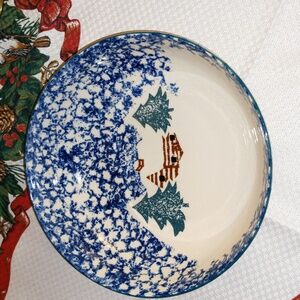 Vtg Serving Bowl Folk Craft Cabin In The Snow 9" Tienshan Spongeware Pottery